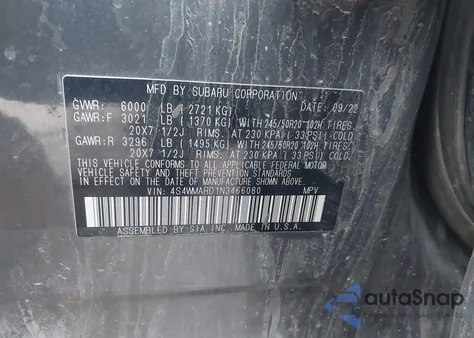 2022 Subaru Ascent Touring z USA, uszkodzony, nr VIN 4S4WMARD1N3466080